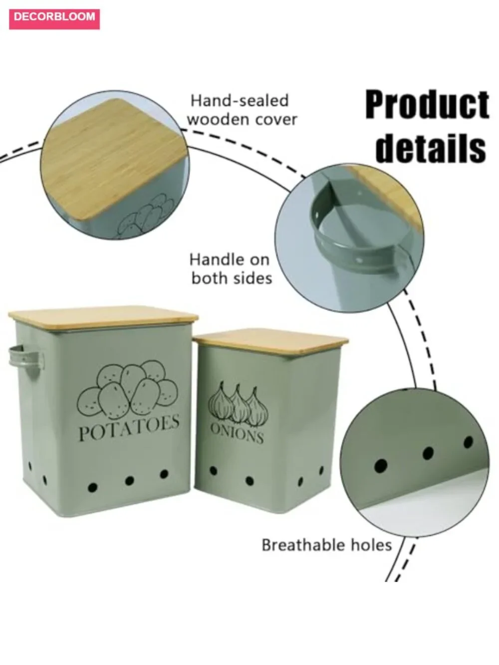 Metal Potato Onion Storage Bin Set with Wooden Lid Slicer Cutter